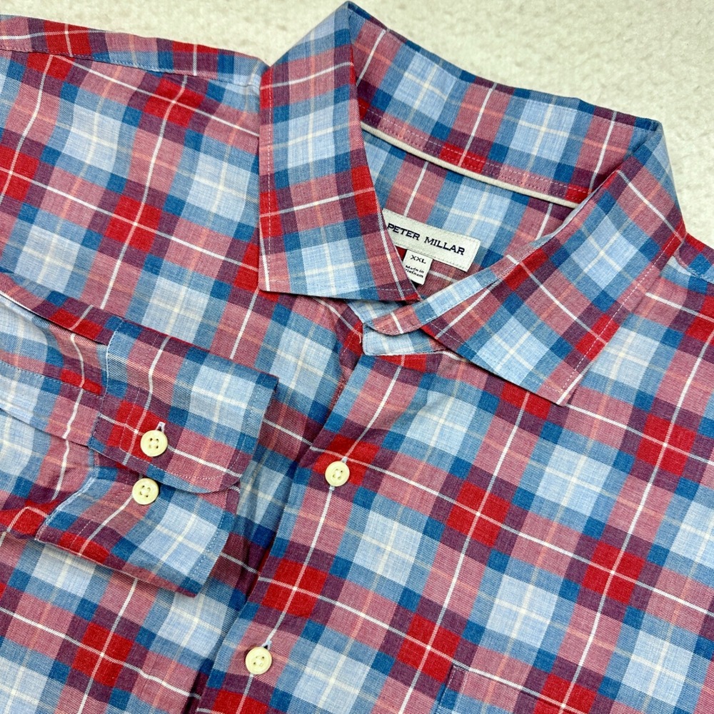 Peter Millar Plaid Button Down Mens XXL Shirt Blue Red Cotton Classic Fit